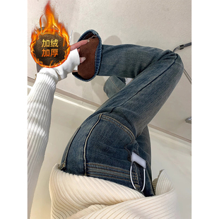 弹力阔腿裤 300斤大码 女胖mm保暖女裤 复古加绒加厚微喇牛仔裤 女装