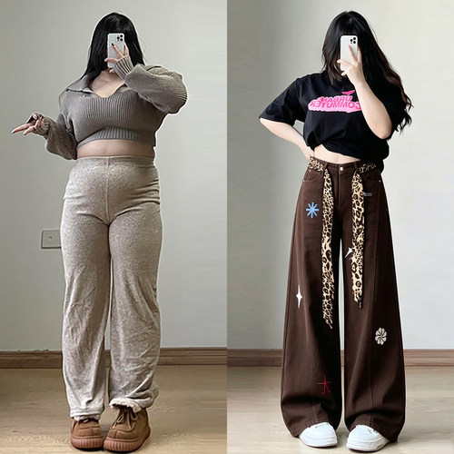 特大码胖mm宽松遮胯弯刀牛仔裤女