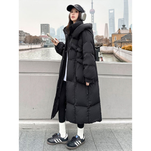 外套 300斤大码 女装 胖mm韩系黑色连帽棉服大衣女长款 过膝加厚冬装