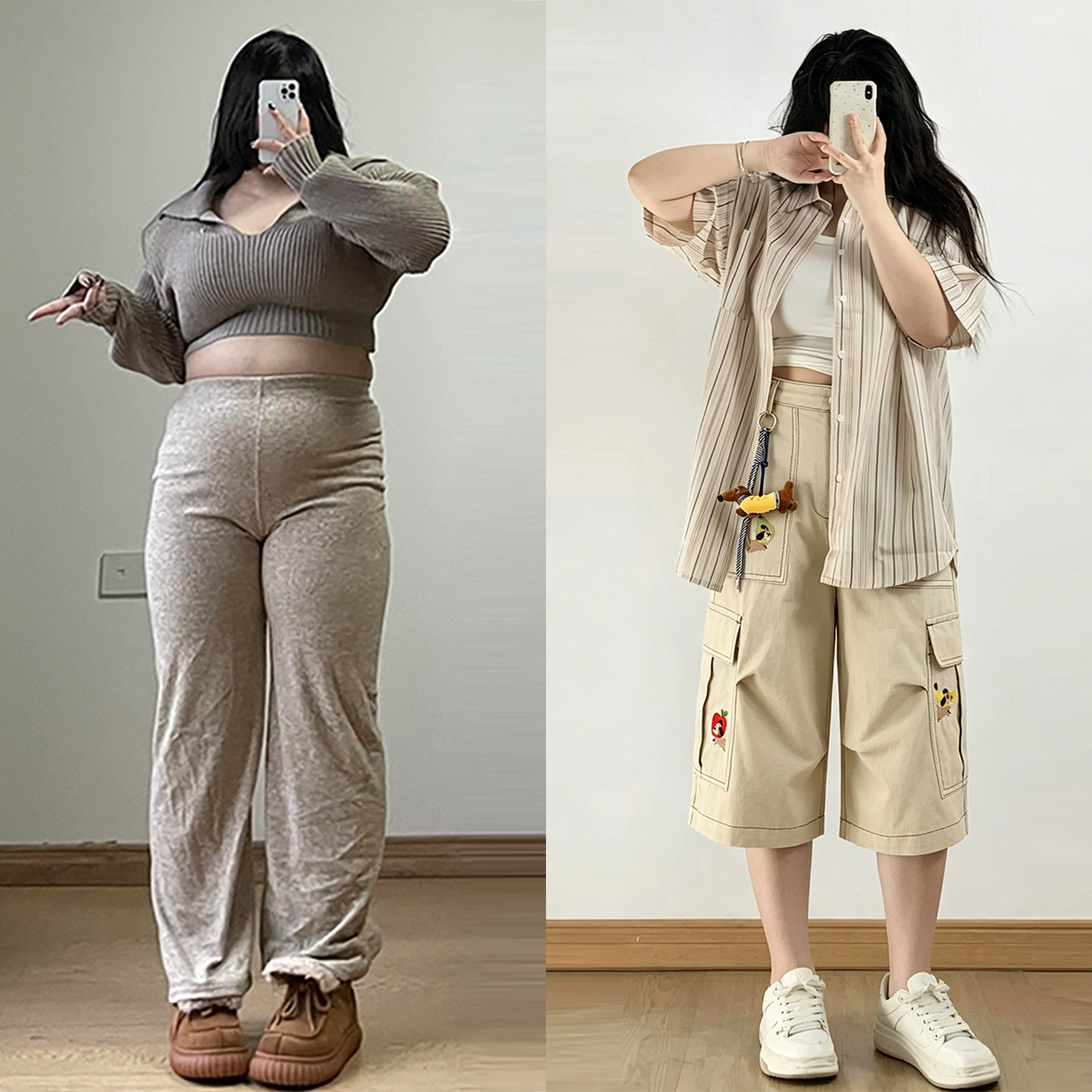 大码胖mm学院风卡其色牛仔短裤女夏季高腰直筒显瘦宽松阔腿七分裤