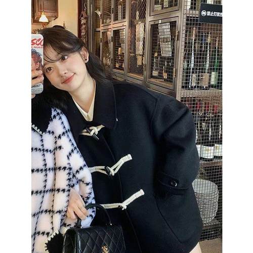 300斤特大码牛角扣黑色毛呢大衣