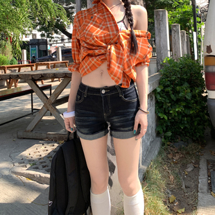 特大码 子 胖mm设计感小众卷边牛仔短裤 女2025夏日穿搭学生弹力热裤