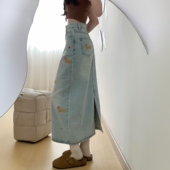 300斤大码 女装 复古趣味小狗刺绣牛仔半身裙高腰开叉设计显瘦长裙