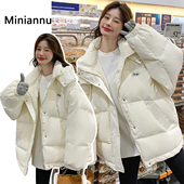 胖mm韩版 大码 女装 白色连帽厚实保暖外套女高级感宽松百搭显瘦棉服