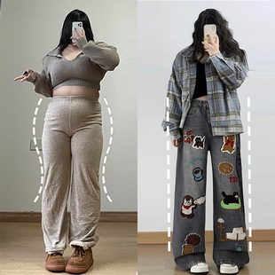 复古高街辣妹风阔腿裤 300斤大码 女胖mm美式 卡通刺绣牛仔裤 子 女装