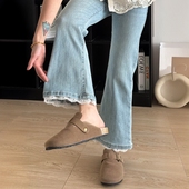 胖mm大码 子 女小个子蕾丝拼接九分裤 女装 浅蓝色高腰弹力微喇牛仔裤