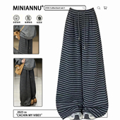 300斤大码 子女 胖mm宽松百搭垂感裤 女装 韩系学生休闲风条纹阔腿裤