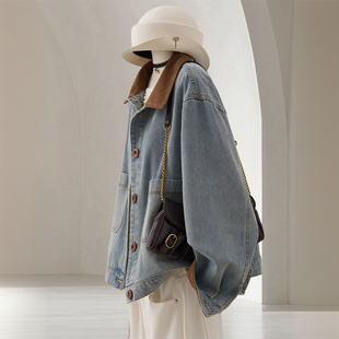 300斤大码 蓝色休闲百搭牛仔外套女胖mm遮肉显瘦翻领夹克上衣 女装