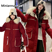 特大码 棉服 冬高级感长款 胖mm时尚 减龄加厚保暖红色外套女2025新款