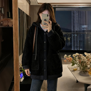 大码 胖mm黑色简约风连帽棉服女秋冬保暖加厚高级感羊羔毛外套 女装