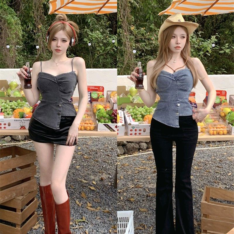 特大码甜辣妹风复古牛仔吊带背心