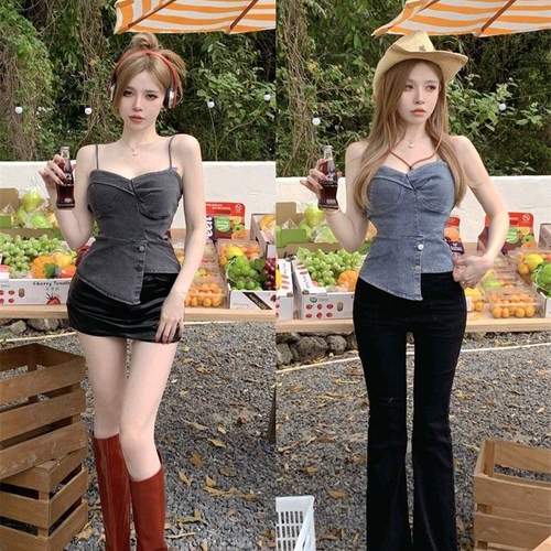 特大码甜辣妹风复古牛仔吊带背心