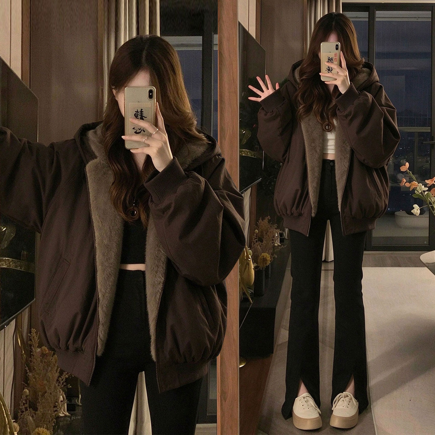 胖mm大码女装咖色连帽双面穿棉服女秋冬美拉德复古加绒毛绒外套
