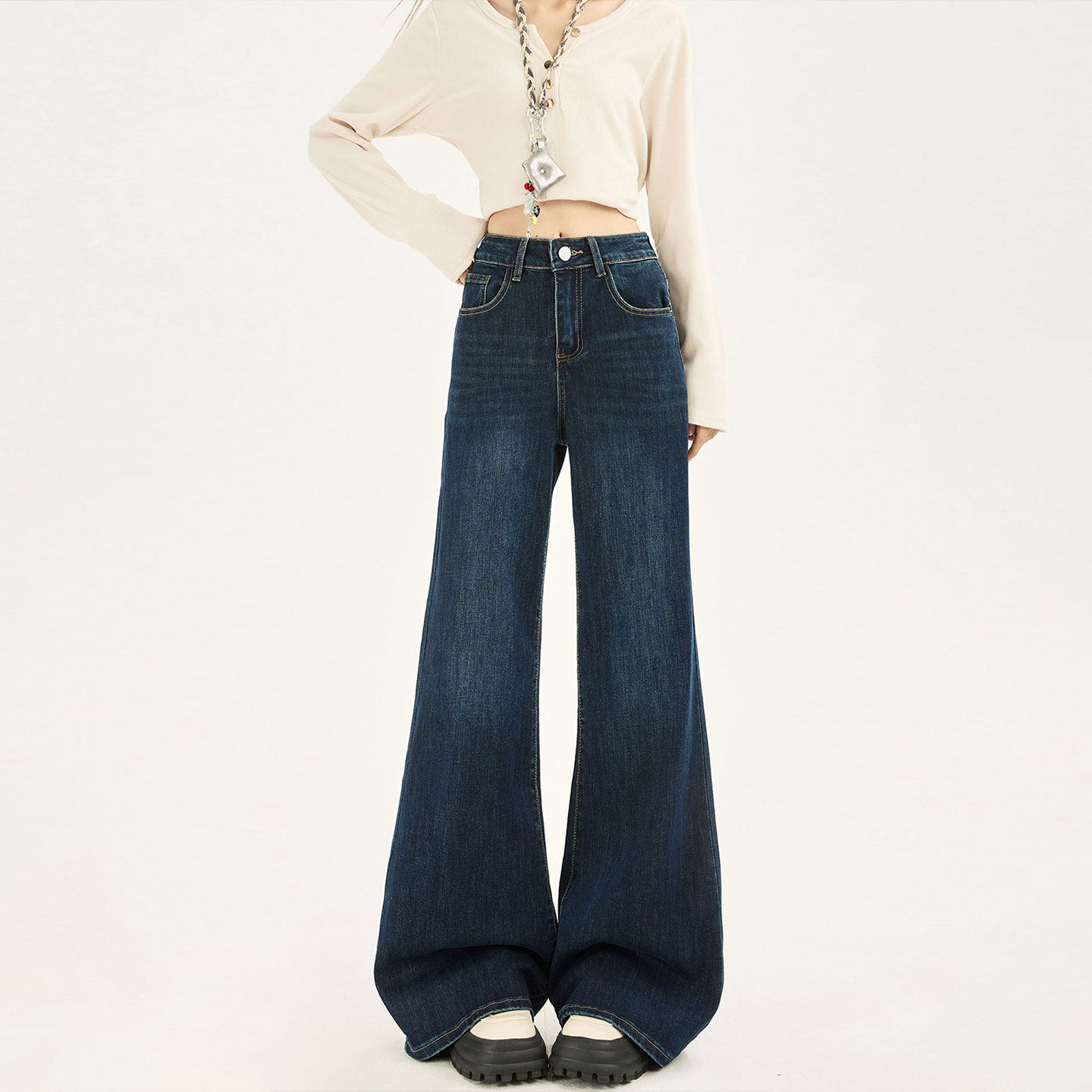 大码女装蓝色高腰休闲牛仔裤女胖mm小个子不贴腿显瘦垂感微喇裤子,女装/女士精品,大码裤装,淘宝优惠券,粉丝福利购,淘宝优惠卷