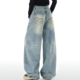 300斤大码 子 女胖mm设计感高街vibe风阔腿裤 女装 蓝色简约风牛仔裤