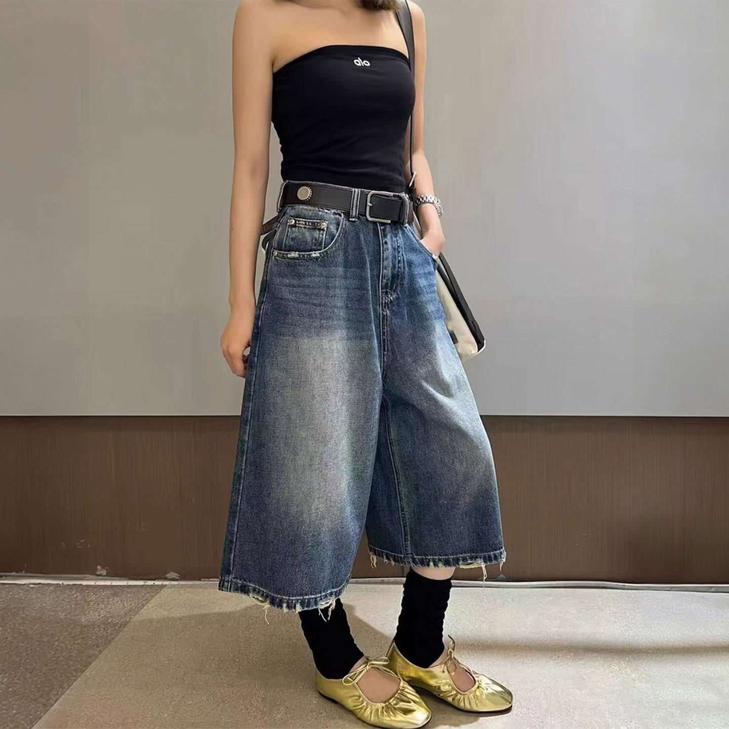 300斤大码女装美式复古蓝显瘦七分牛仔裤女胖mm宽松休闲阔腿裤子
