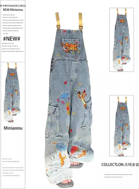 大码女装胖mm美式重工刺绣牛仔背带裤女宽松显瘦多巴胺学生连体裤