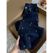 子女宽松休闲裤 春秋复古阔腿裤 胖mm彩色碎花刺绣牛仔裤 300斤大码