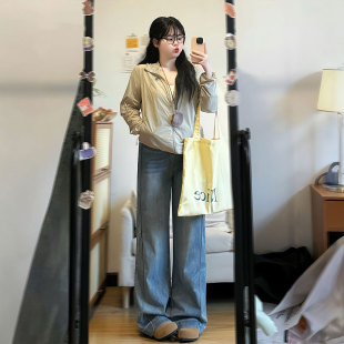 女胖mm小个子学生遮肉显瘦直筒裤 蓝色宽松高腰牛仔裤 子 女装 特大码