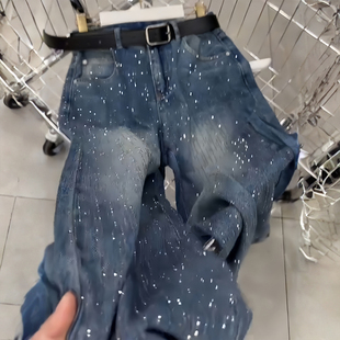 女胖mm设计感休闲直筒裤 300斤大码 复古烫钻蓝色牛仔裤 美式 子 女装