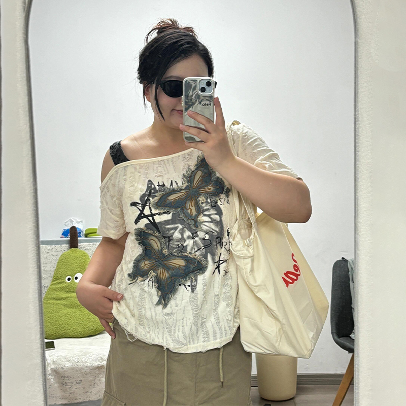 300斤大码女装美式甜酷辣妹t恤女