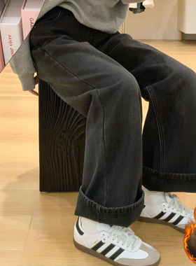 300斤大码女装黑灰色加绒加厚牛仔裤女胖mm宽松显瘦遮肉阔腿裤子