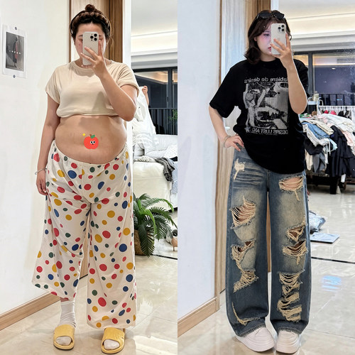 大码女装复古做旧设计感七分裤女
