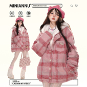 300斤大码 女装 格子拼接连帽棉服女胖mm慵懒风加厚保暖假两件外套