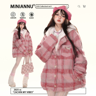 300斤大码 格子拼接连帽棉服女胖mm慵懒风加厚保暖假两件外套 女装