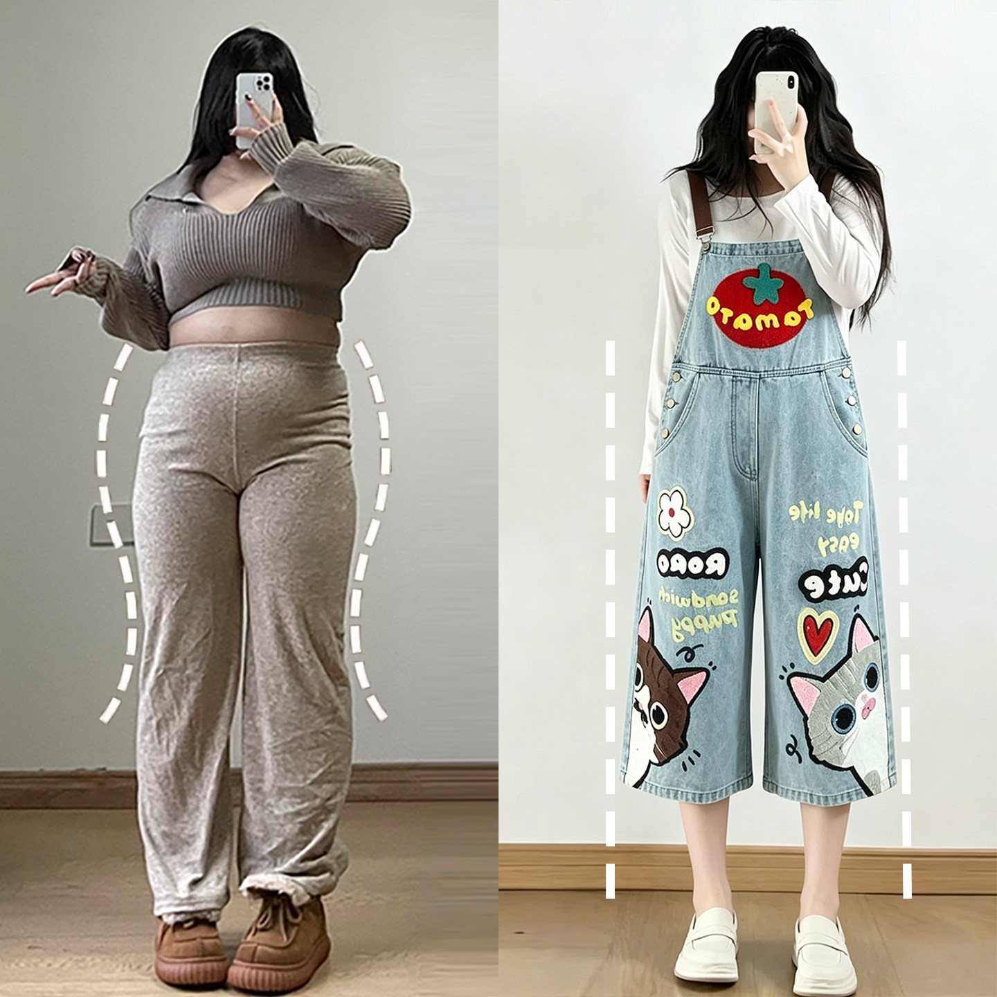 大码女装蓝色卡通印花七分牛仔背带裤女胖mm中裤宽松休闲连体裤子