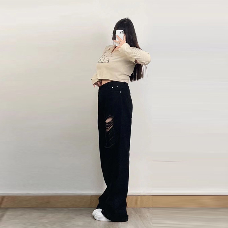 300 CATTIES EXTRA LARGE SIZE WOMENS JEANS WOMENS ELASTIC WAIST LOOSE FAT MM DESIGN SENSE HOLE STRAIGHT WIDE LEG PANTS