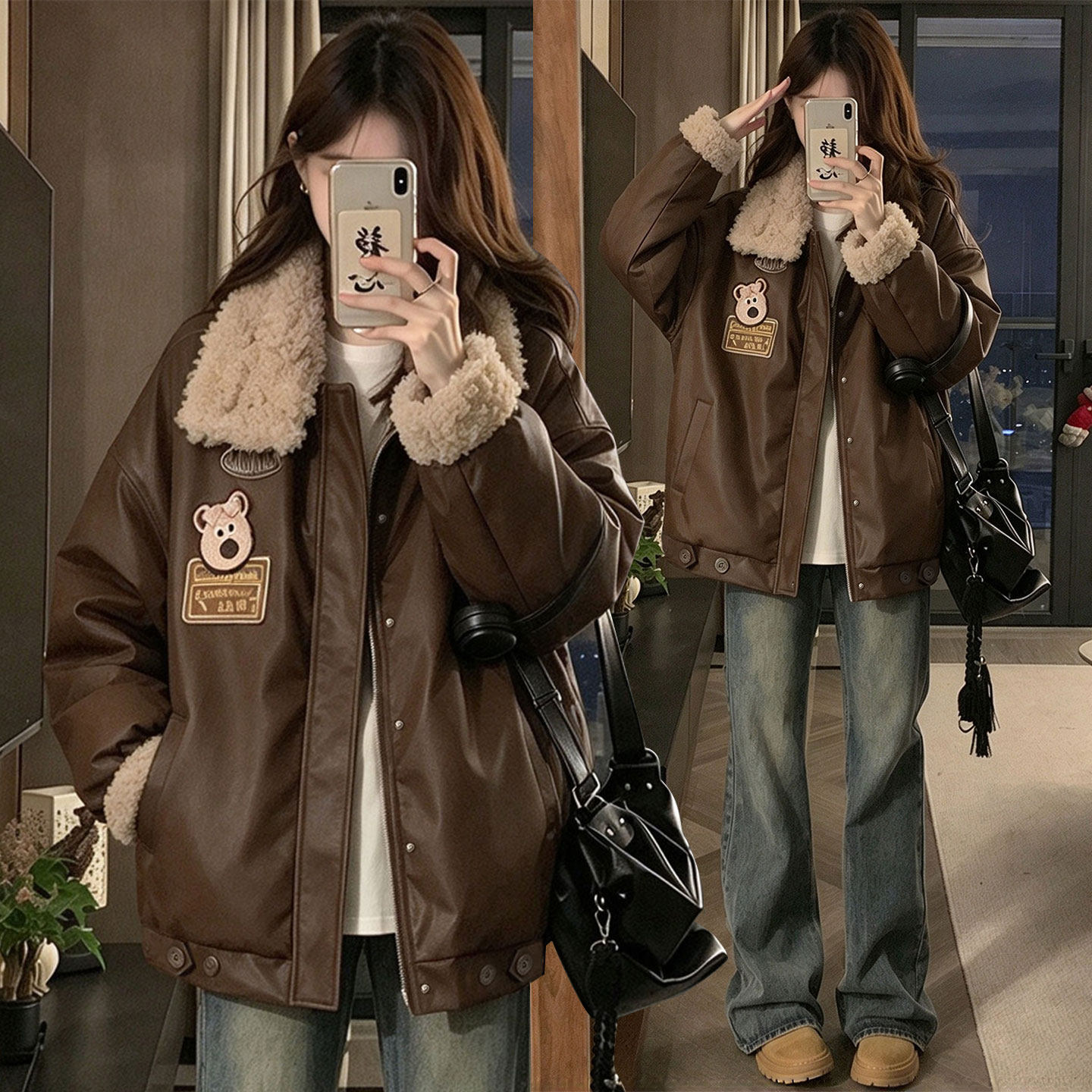 大码女装咖色羊羔绒翻领皮衣棉服女秋冬胖mm复古宽松毛领夹克外套