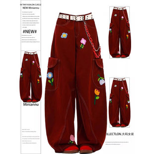 ins花朵刺绣直筒裤 特大码 个性 女美式 子 胖mm复古高街酒红色牛仔裤