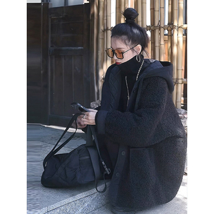 加厚保暖棉衣夹棉设计感连帽外套 胖mm羊羔毛棉服女冬季 特大码 女装