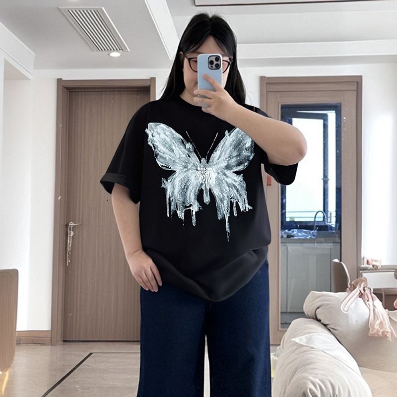 300斤特大码美式甜辣风落肩t恤女