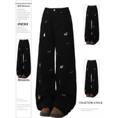 特大码 女胖mm小狗刺绣学生加绒直筒长裤 女装 设计感黑色阔腿牛仔裤