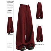 红色牛仔裤 美式 女新款 显瘦裤 胖mm特大码 子宽松bf慵懒风阔腿裤 女装