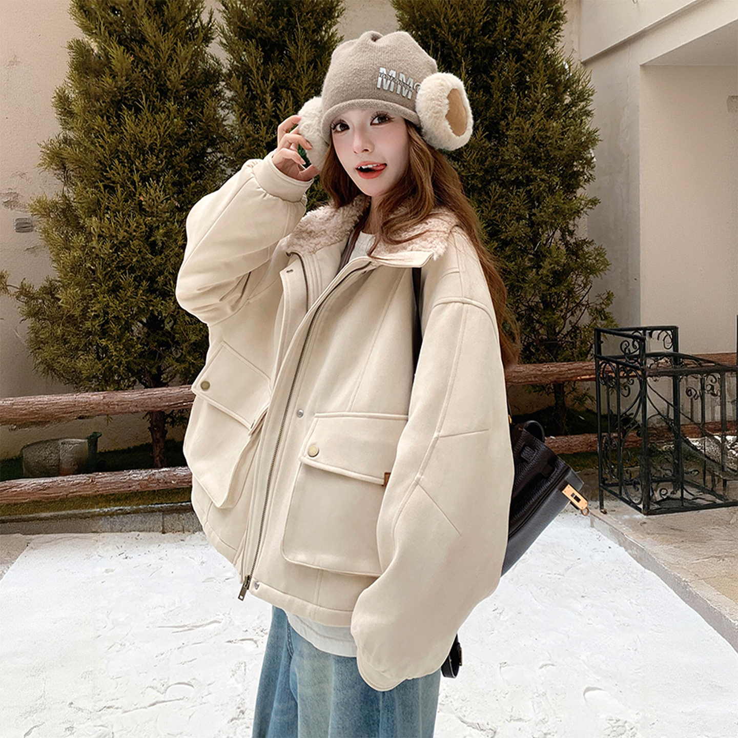 大码女装胖mm宽松显瘦羊羔毛外套