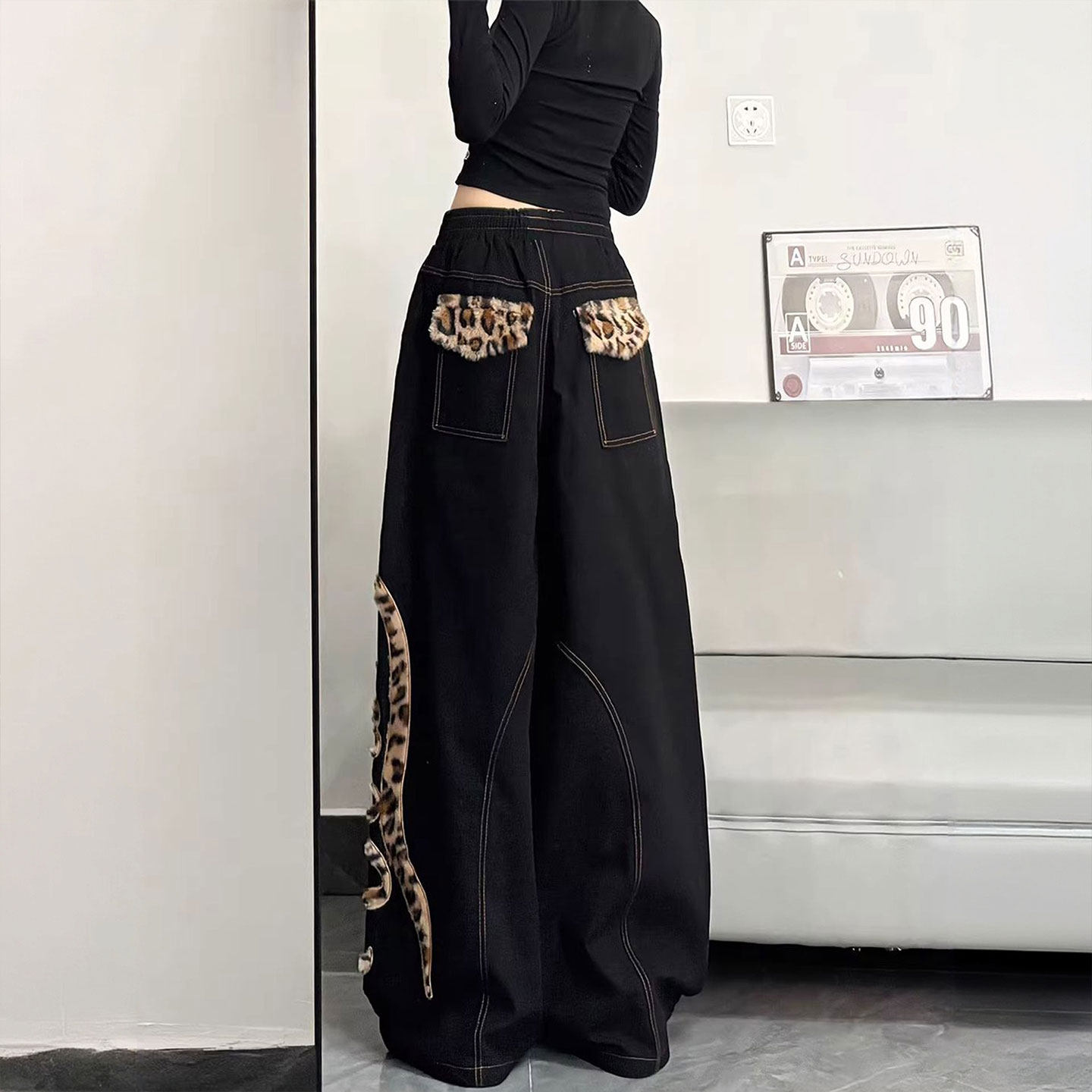 胖mm特大码复古街头风牛仔裤女美式豹纹拼接裤子设计感显瘦阔腿裤,女装/女士精品,大码裤装,淘宝优惠券,粉丝福利购,淘宝优惠卷