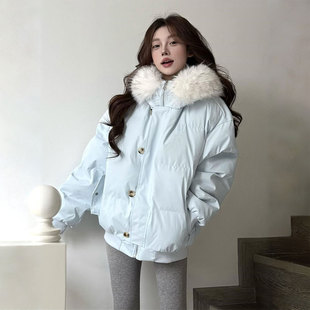 气质保暖棉衣 羽绒棉服时尚 特大码 胖mm浅蓝色加厚毛领外套2025新款