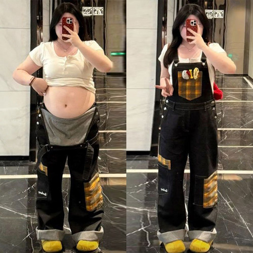 胖mm大码女装设计感阔腿背带裤子