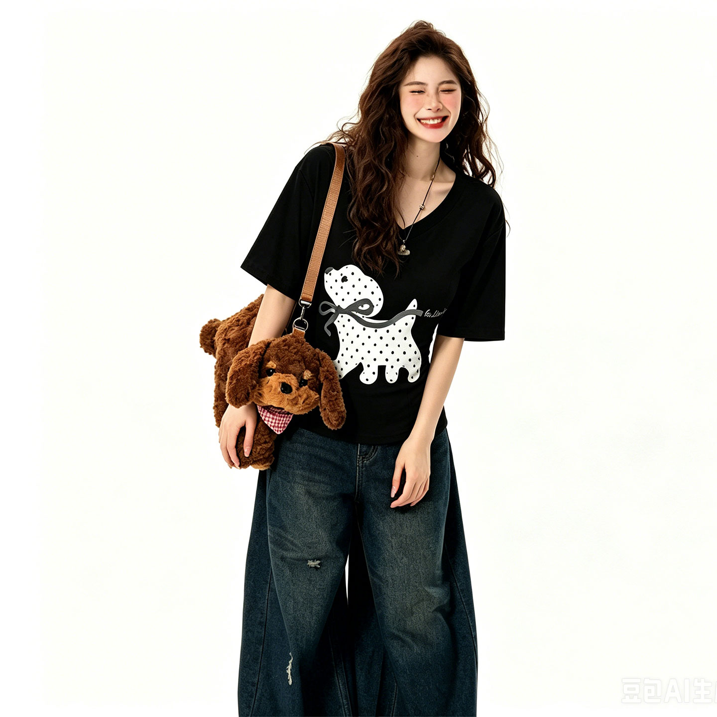 胖mm大码女装黑色波点小狗印花短袖T恤女百搭收腰显瘦v领气质上衣