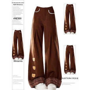 复古高腰显瘦阔腿裤 大码 女胖mm时尚 设计感美拉德刺绣休闲裤 子 女装