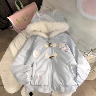 胖mm大码女装日系穿搭甜美风毛绒绒外套女秋冬设计感加厚保暖棉服