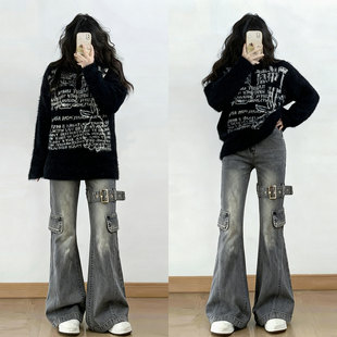 女装 穿搭弹力设计喇叭裤 胖mm复古多口袋工装 女美式 子 牛仔裤 特大码