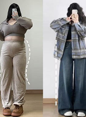 胖mm特大码甜酷风深蓝色牛仔裤女巨好看百搭的裤子遮肉显瘦阔腿裤