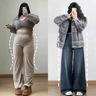 子遮肉显瘦阔腿裤 胖mm特大码 裤 女巨好看百搭 甜酷风深蓝色牛仔裤