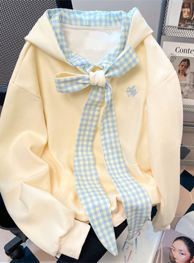 300斤特大码女装蝴蝶结绑带连帽卫衣女胖mm设计感美式慵懒风外套