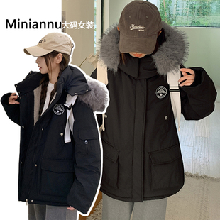 加厚派克服外套女胖mm宽松学院风连帽黑色棉服 美式 300斤大码 女装
