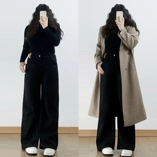 子梨型身材粗腿宽胯显瘦阔腿长裤 胖mm黑色直筒牛仔裤 裤 女装 女大码